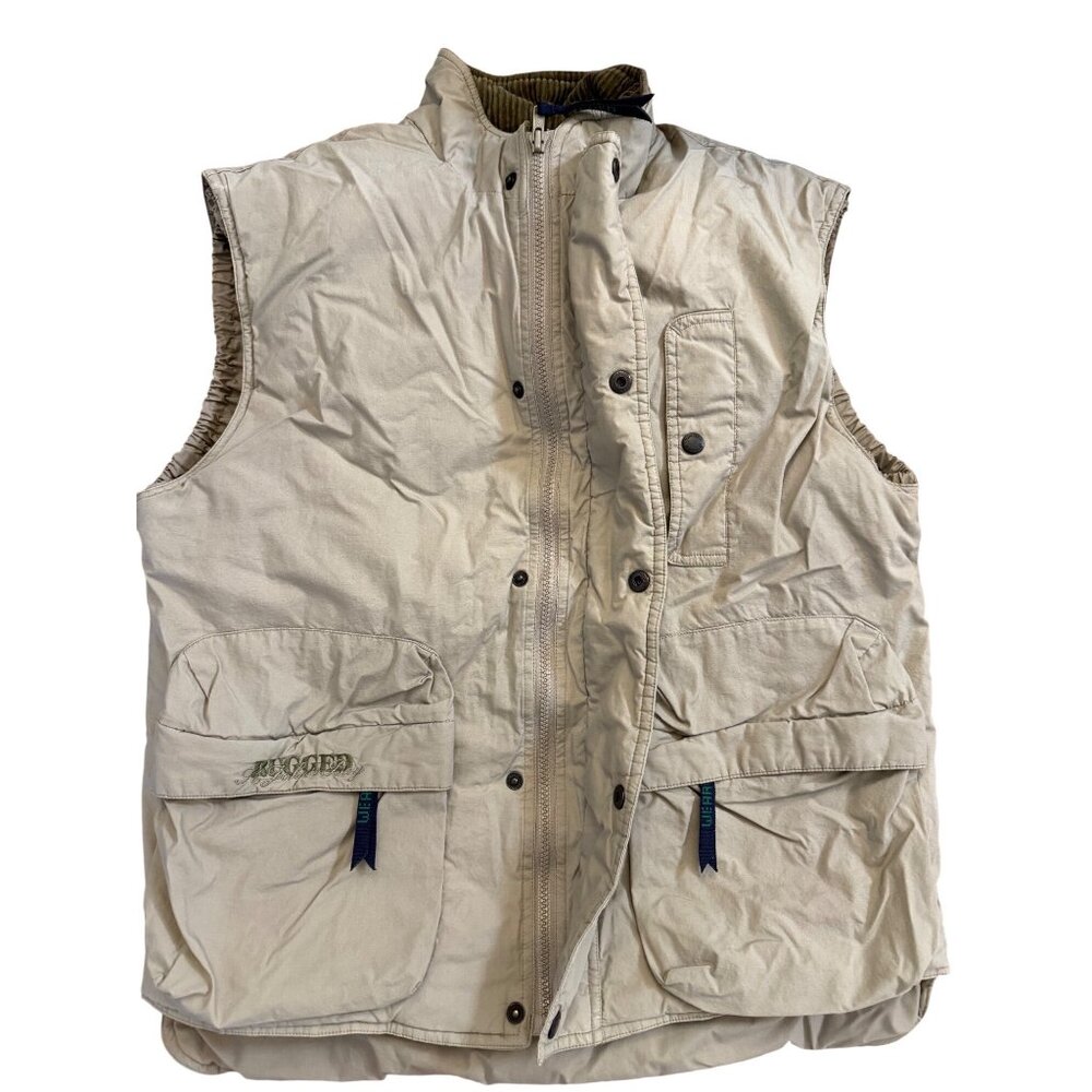 Vtg SJB Rugged Outdoor Beige Quilted Down Puffer Ski Utility Vest M Pockets gorp
